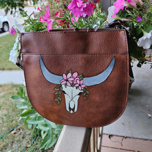 Hand-Painted Longhorn Skull Floral Brown Purse