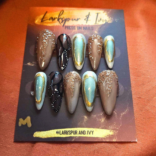 Long Natural Round Brown and Gold Monarch Jelly Apres Gel-X Press On Nails