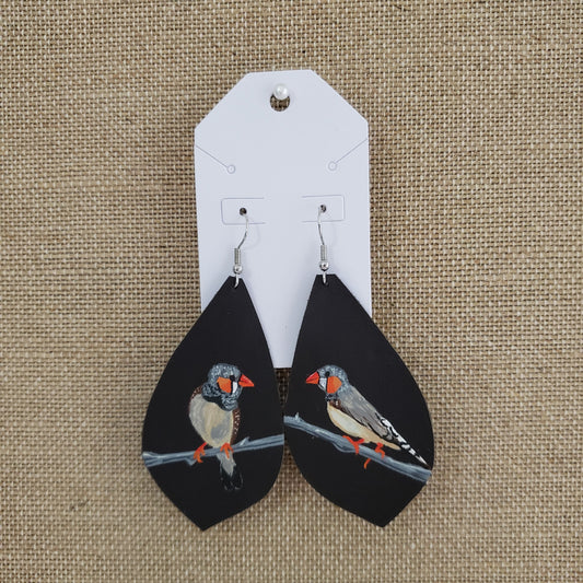 Hand Painted Zebra Finch Leather Earrings