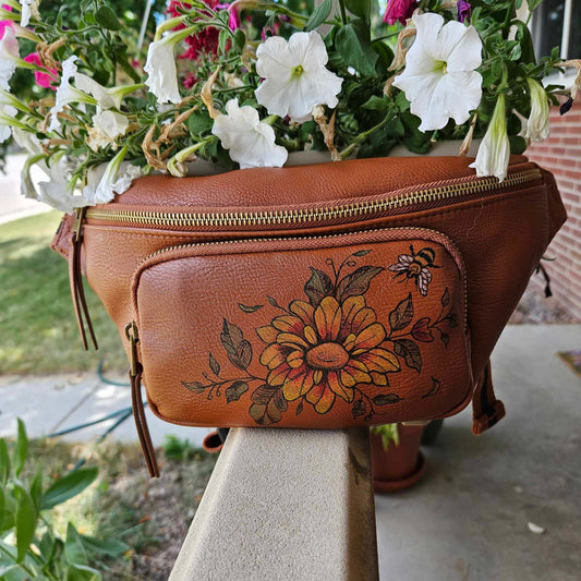 Hand-Painted Sunflower & Bumblebee Brown Faux Leather Fanny Pack