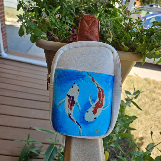 Hand-Painted Koi Fish Water White Faux Leather Crossbody Purse Bag