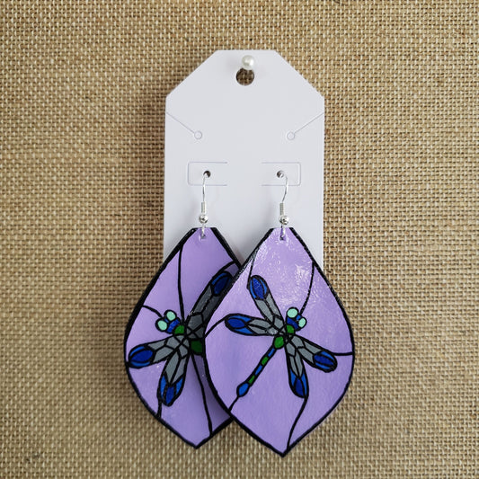 Hand Painted Purple Dragonfly Stained Glass Leather Earrings