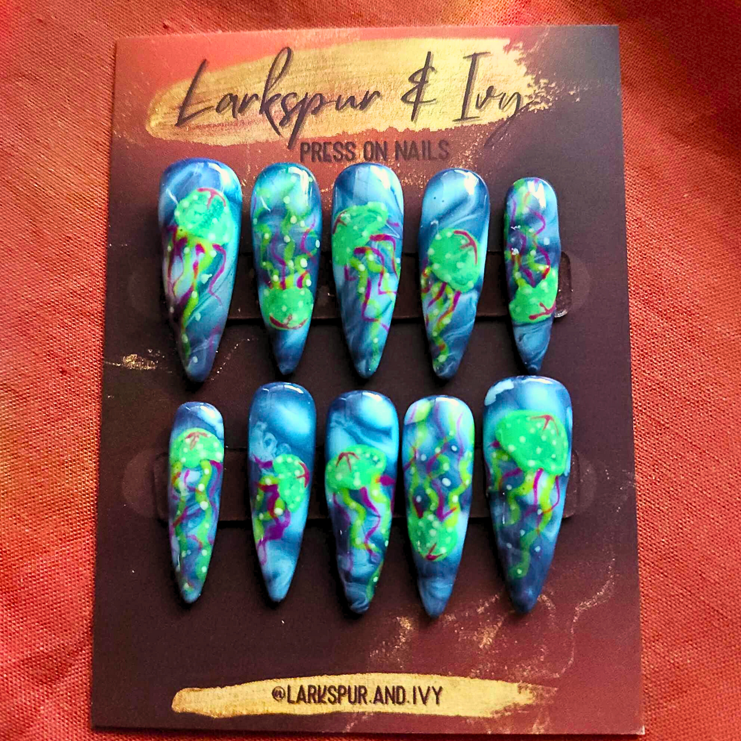 Long Natural Stiletto UV Glow-in-the-Dark Jellyfish Apres Gel-X Press On Nails Size Medium