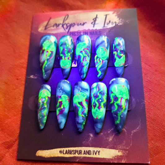 Long Natural Stiletto UV Glow-in-the-Dark Jellyfish Apres Gel-X Press On Nails Size Medium