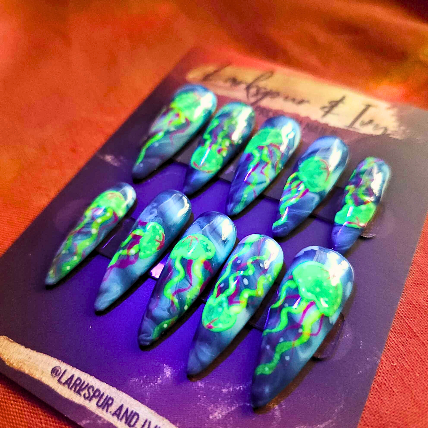 Long Natural Stiletto UV Glow-in-the-Dark Jellyfish Apres Gel-X Press On Nails Size Medium