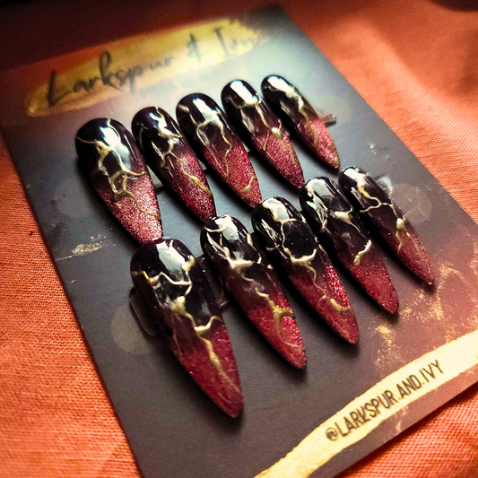 Long Natural Stiletto Red Glitter French Tip Kintsugi Pottery Apres Gel-X Press On Nails