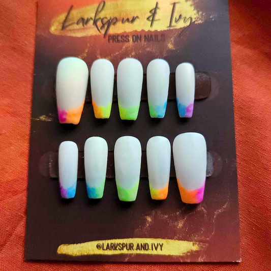 Long Sculpted Coffin Matte Rainbow Blend French Tip Apres Gel-X Press On Nails